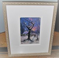 Framed watercolour painting showing a winter scene with a large tree and snow-covered ground, painted in soft muted twilight colors. Artist's Cyrillic signature visible on lower right.