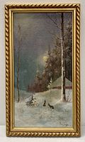 Front view of the framed oil painting showing the moonlit snowy landscape with bunnies and cabin, signed by artist.