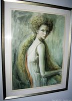 Frontal view of the watercolor portrait of the ethereal lady in frame showing details of the subject and condition.