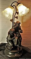 Close-up of the bronzed figural lamp base with the two art glass shades lit, showing detailed sculpture.