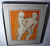 Framed serigraph artwork featuring two abstract human figures in black and white on an orange background, showing full view of the piece.