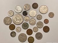 Overhead view of the full coin collection showing all 26 assorted foreign coins arranged on flat surface.