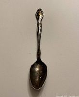 Full view of the silver plated spoon showing handle and spoon bowl engraving.