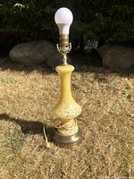 Full view of the Murano glass lamp standing outside on grass, showing the glass body and light bulb attached.