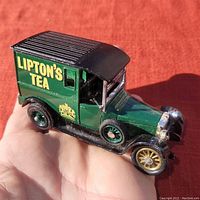 View of green 1927 Talbot van die cast model with Lipton's Tea branding on side, showing details and colors.