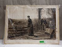 Full view of the 25x35 inch black and white lithograph showing a woman holding a flower and an elderly couple on a porch with a cat in front, in an outdoor countryside setting.