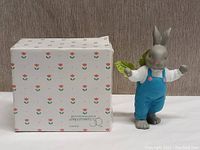 Photo of the boy rabbit figurine beside its original box showing the pattern and branding on the box.