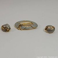 Full set showing pair of earrings and brooch arranged on white background