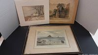 Three vintage artworks displayed together including pencil drawing, original signed drawing, and framed print.