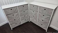 Two SONGMICS storage dressers shown side by side with 8 grey fabric drawers each inside white metal frame.