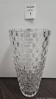 Full view of the 12 inch tall crystal vase showing the basket weave pattern and tapered shape