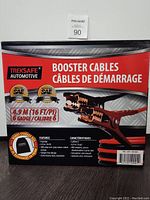 Front of retail box with product name, specs and image of copper clamps on booster cables, along with tangle-free, 6 gauge, 400 amp features, and included storage bag.