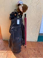 Full view of the black Michael Kors golf bag containing multiple golf clubs and an attached umbrella with maroon handle.