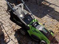 Side angle view of green and black Greenworks electric lawn mower with grass collection bag attached, on paved ground with dry leaves.