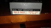 Box label of dial test indicator model 513-902 showing specifications and origin (Japan).