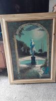 Full view of framed oil painting showing Roman garden scene with statue and water pool.