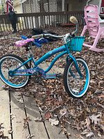 Blue Island Girl bicycle with front basket and purple polka dot grips among dry leaves.