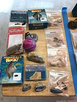 Overview photo of all items laid on wooden surface including fossil ammonites, mineral kits, petrified wood, pink polished stone, dendritic crystal sample.