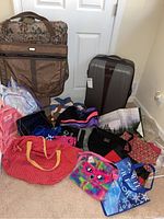 Photo of multiple bags and suitcase arranged on carpet showing Samsonite suitcase, garment bags, duffel bags and backpacks