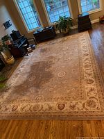 Full view of the tan floral rug laid on hardwood floor in living room, showing detailed floral design and border.