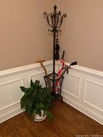 Full view of corner umbrella stand with items and plant beside it on wooden floor and beige wall with white wainscot