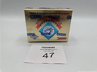 Front view of sealed gold-toned box featuring Donruss and Toronto Blue Jays 1992 Championship Season commemorative branding.