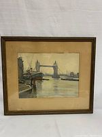 Full framed watercolor print depicting Tower Bridge in London with surrounding boats and water.