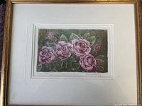 Overall photo of framed floral print featuring pink roses by Wyn Halderman.