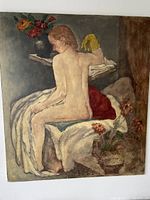 Front view of large oil on panel painting depicting a seated nude woman with back turned, showing detail of composition, colors, and signature area.
