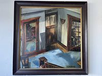 Full front view of oil painting and dark wood frame