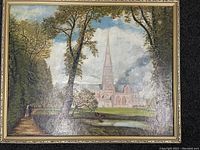 Front view of unsigned oil painting copy of John Constable Salisbury Cathedral showing the framed artwork.