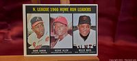 Front of 1966 Topps baseball card showing Hank Aaron, Richie Allen, and Willie Mays with National League 1966 home run leaders heading.