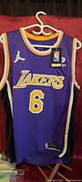 Front view of purple LeBron James Lakers basketball jersey, showing Lakers logo, number 6, and Jordan logo with attached tags.