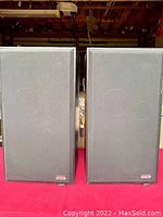 Front view of two black rectangular Digital Fidelity speakers standing side by side on a red surface.