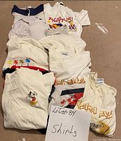 Photo shows a collection of nine graphic t-shirts laid out on a surface with a handwritten note reading 'Lot #84 Shirts'. The shirts feature various themes such as Niagra Falls, palm trees, Mickey Mouse, and Philadelphia 700.