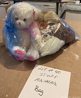 Plastic bag containing multiple stuffed animals, including a white teddy bear with a pink ribbon, sealed and photographed on a table.
