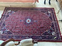 Full view of the oriental hand knotted rug spread on floor showing design and colors.