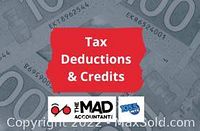 Promotional slide reading 'Tax Deductions & Credits' over background of Canadian currency with The Mad Accountant logo and 105.5 Hits FM logo