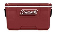 Front view of a red Coleman 70 Quart hard ice chest cooler with white trim and Coleman logo on the front.