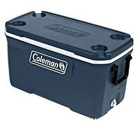 Blue Coleman Xtreme 70 quart cooler showing side profile and swing-up handles.