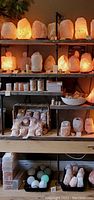 Shelf display with various sizes and shapes of Himalayan salt lamps and salt wellness products, some illuminated with warm orange light.