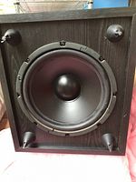 Front view of one large speaker showing black cone and dust cap, black wood grain enclosure, and front feet