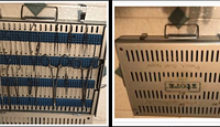 Opened top view of tray loaded with surgical instruments secured in blue silicone pegs
