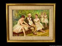 Frontal image showing the full painting in a gold-tone frame with beige mat, depicting the ballet dancers with older man.