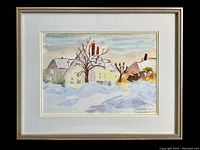 Full frontal photo of the framed watercolor painting showing the winter landscape scene with snow, houses, and tree, including the signature and date.