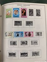 Page inside the stamp album showing multiple Grenada Grenadines stamps issued 1966-77. Includes colorful Christmas stamps and black & white commemorative stamps with various denominations and designs.