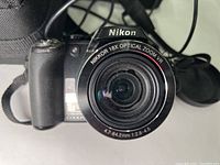 Front view of Nikon Coolpix digital camera showing Nikkor 18x Optical Zoom VR lens and Nikon branding.