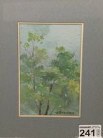 Full view of the framed watercolor painting showing trees in various shades of green with a matte border.