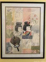 Framed collage art with Japanese theme including women and fans in pastel colors.