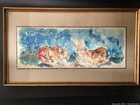 Full frontal view of the framed watercolor with linen mat and gold-tone frame